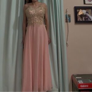Elegant Gold and Peach Evening Gown